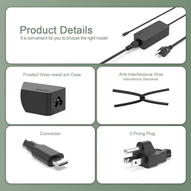 Alt view image 11 of 14 - 65W 45W USB-C Fast Charger Fit for HP Elitebook 840 Spectre x360 Chromebook Elite x2 x3 Type-C Laptop AC Power Adapter Supply Cord