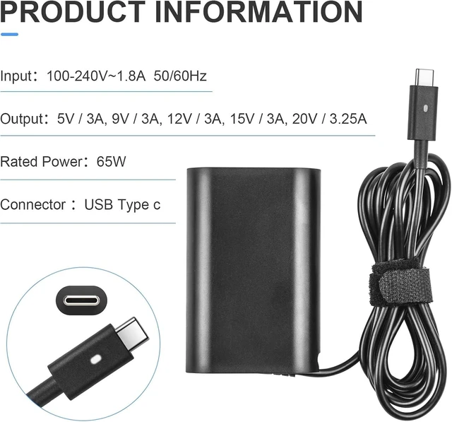 Alt view image 13 of 14 - 65W 45W Laptop Charger USB C for Dell USB C Charger, Dell XPS 12, XPS 13, Latitude 3540 5420 5430 5440 5450 5520 5530 5540 5550 7400 7410 7420 7430 7440
