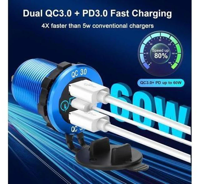 Alt view image 9 of 14 - 12V USB Outlet, 30W USB C & 30W Dual QC 3.0 USB A Port, Quick Charge 12V 24V USB C Outlet with Touch Switch, Waterproof Charger Socket for Car RV Boat Marine Motorcycle Truck Golf Cart