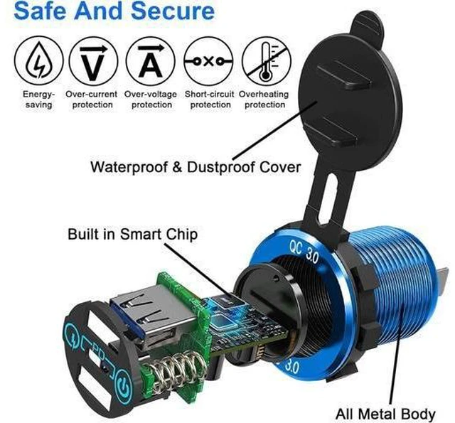 Alt view image 10 of 14 - 12V USB Outlet, 30W USB C & 30W Dual QC 3.0 USB A Port, Quick Charge 12V 24V USB C Outlet with Touch Switch, Waterproof Charger Socket for Car RV Boat Marine Motorcycle Truck Golf Cart