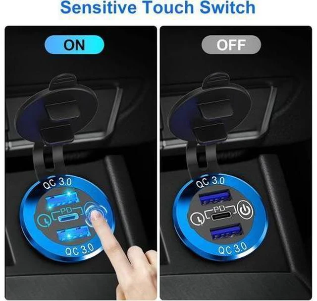 Alt view image 11 of 14 - 12V USB Outlet, 30W USB C & 30W Dual QC 3.0 USB A Port, Quick Charge 12V 24V USB C Outlet with Touch Switch, Waterproof Charger Socket for Car RV Boat Marine Motorcycle Truck Golf Cart
