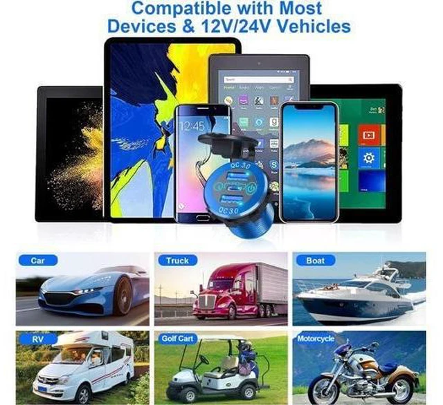 Alt view image 14 of 14 - 12V USB Outlet, 30W USB C & 30W Dual QC 3.0 USB A Port, Quick Charge 12V 24V USB C Outlet with Touch Switch, Waterproof Charger Socket for Car RV Boat Marine Motorcycle Truck Golf Cart
