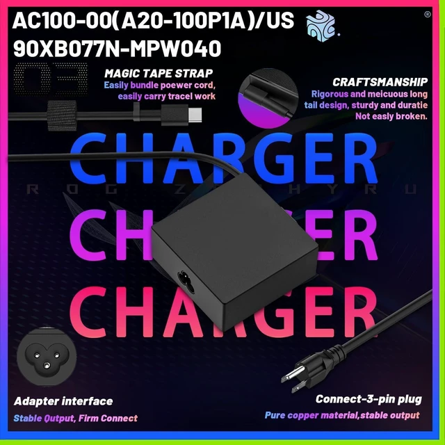 Alt view image 10 of 10 - 100W Type C Charger Rog Ally Compatible with Asus Zenbook Chromebook Z13 X13 Gv301 Gz301 14 14X Um425Qa Gz301Ze USB-C Laptop Adapter