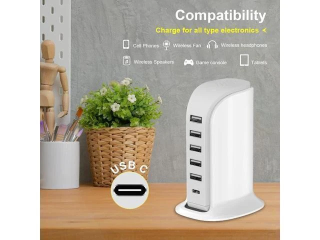Alt view image 10 of 14 - Charging Station for Multiple Devices 40W Wall Charger Block 5 USB Ports(Shared 6A) USB Charging Hub Smart IC Charger Tower with Type-C 3A for iPhone iPad Tablets Smartphones Home Office Use