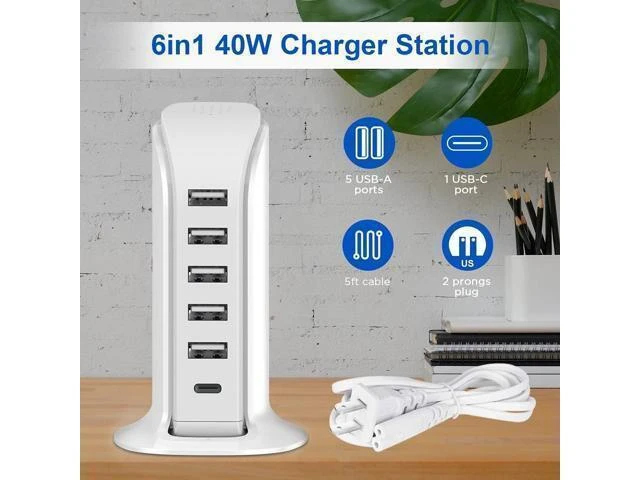 Alt view image 11 of 14 - Charging Station for Multiple Devices 40W Wall Charger Block 5 USB Ports(Shared 6A) USB Charging Hub Smart IC Charger Tower with Type-C 3A for iPhone iPad Tablets Smartphones Home Office Use