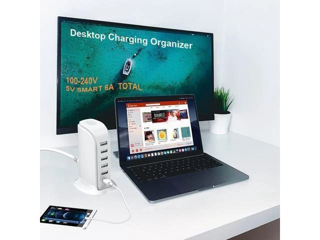 Alt view image 12 of 14 - Charging Station for Multiple Devices 40W Wall Charger Block 5 USB Ports(Shared 6A) USB Charging Hub Smart IC Charger Tower with Type-C 3A for iPhone iPad Tablets Smartphones Home Office Use