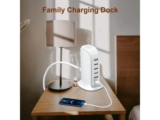 Alt view image 13 of 14 - Charging Station for Multiple Devices 40W Wall Charger Block 5 USB Ports(Shared 6A) USB Charging Hub Smart IC Charger Tower with Type-C 3A for iPhone iPad Tablets Smartphones Home Office Use