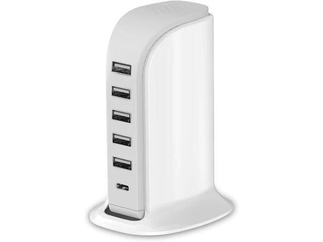 Alt view image 8 of 14 - Charging Station for Multiple Devices 40W Wall Charger Block 5 USB Ports(Shared 6A) USB Charging Hub Smart IC Charger Tower with Type-C 3A for iPhone iPad Tablets Smartphones Home Office Use