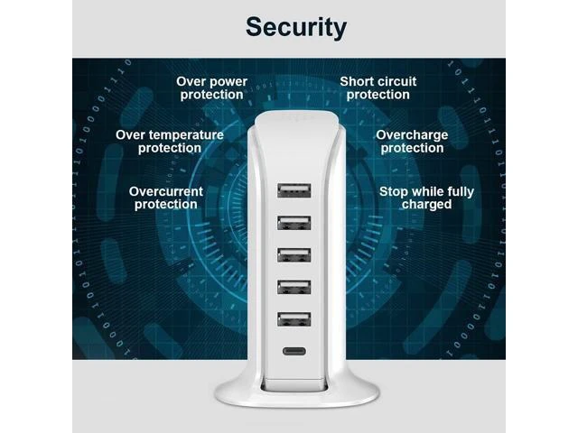 Alt view image 14 of 14 - Charging Station for Multiple Devices 40W Wall Charger Block 5 USB Ports(Shared 6A) USB Charging Hub Smart IC Charger Tower with Type-C 3A for iPhone iPad Tablets Smartphones Home Office Use