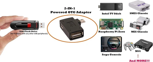 Alt view image 8 of 12 - 2-in-1 Powered Micro USB to USB OTG Adapter 90 Degree Right Angled for FireStick S/NES Classic Mini Sega Genesis and More - 2 Pack