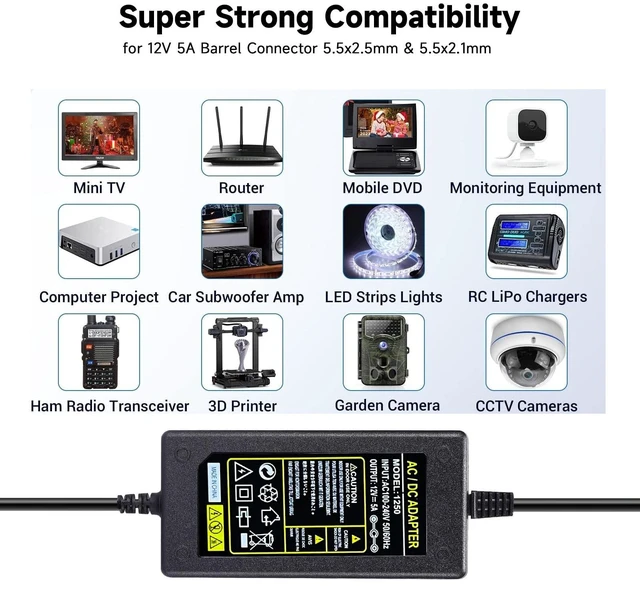 Alt view image 9 of 12 - Power Adapter 12V 5A 4A 3A 2.5A 2A 1A AC DC Power Supply Cord Cable 5.5x2.1mm for Sceptre EC Series Monitor,ONN,AOC,Dell,Webcam, Router, Projector, CCTV, Speakers & More 12v 5a Monitor Charger