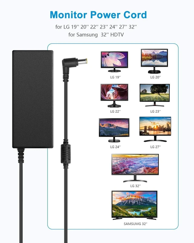 Alt view image 8 of 12 - for LG Monitor Power Cord 19V Power Supply for LG Electronics 19" 20" 22" 23" 24" 27" 32" LED LCD HD TV Widescreen AC Adapter Replacement, 8.85ft 65W 6.5mm x 4.4mm DC Plug