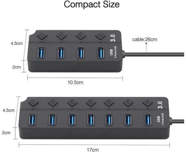 Alt view image 9 of 14 - Powered USB Hub 3.0, 4-Port USB Data Hub Splitter with One Smart Charging Port and Individual On/Off Switches Power LED and 5V Power Adapter, USB Extension for MacBook, Mac Pro/Mini