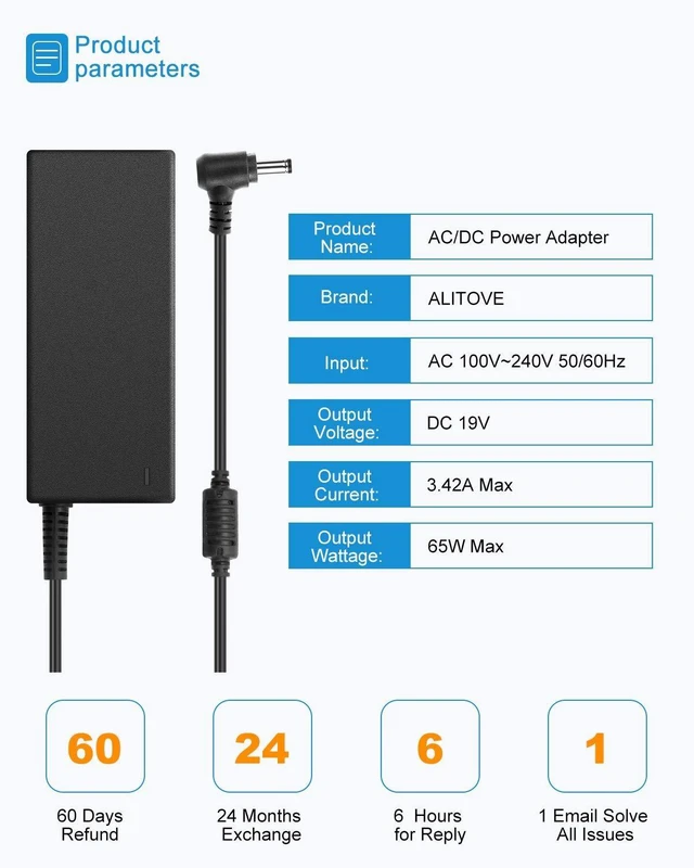 Alt view image 9 of 14 - 19V Power Supply Adapter 3.42A 65W AC/DC Converter Transformer 100V~240V AC Input with 5.5mmx 2.5mm Plug for LCD LED Monitor, HDTV, 3D Widescreen, Bluetooth Speaker, Printers, Audio Amplifier