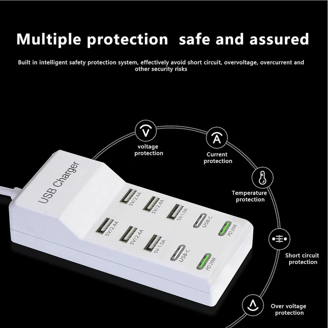 Alt view image 12 of 14 - USB Charger,100W USB Charging Station with 10-Port(6 USB-A Port&2 USB-C Port&2 PD20W) Compatible with iPhone 15/14/13/13pro Max 12/12 Mini/12Pro/12 Pro Max/11,Tablets, Smartphones White