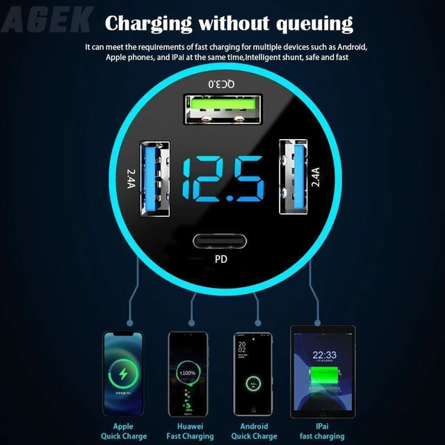 Alt view image 14 of 14 - Car Charger USB C Car Adapter 4 Port USB Car Charger with Voltage Display PD 3.0 & QC 3.0 Car Phone Charger Cigarette Lighter USB Charger Adapter Fast Charging for iPhone iPad & Phone Tablets