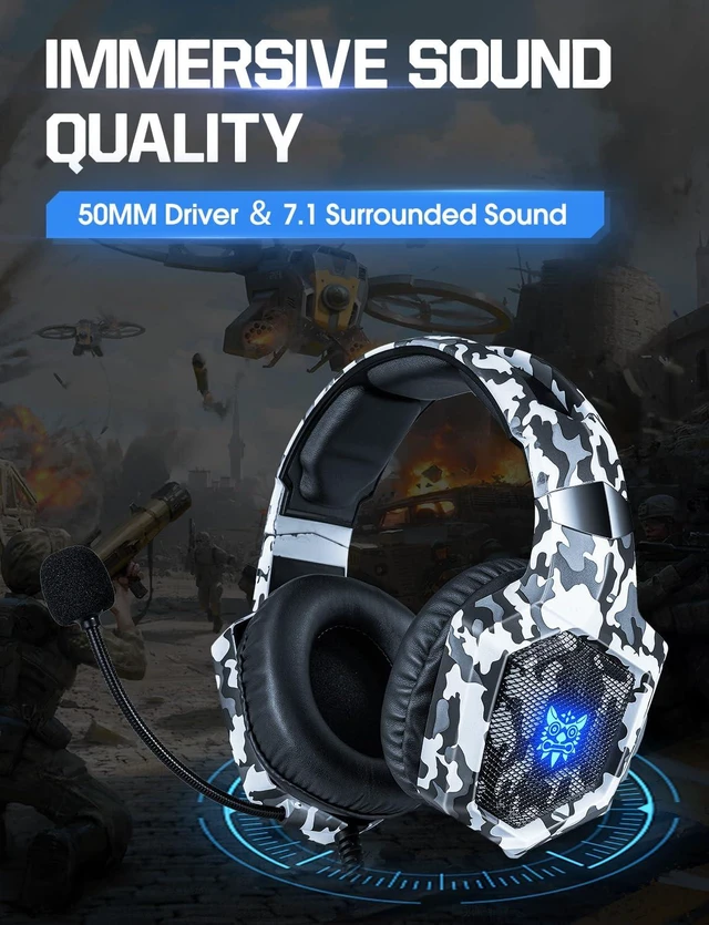 Alt view image 9 of 14 - Gaming Headset with Microphone, Gaming Headphones for PS4 PS5 Xbox One PC with LED Lights, PlayStation Headset with Noise Reduction 7.1 Surround Sound Over-Ear and Wired 3.5mm Jack (White)