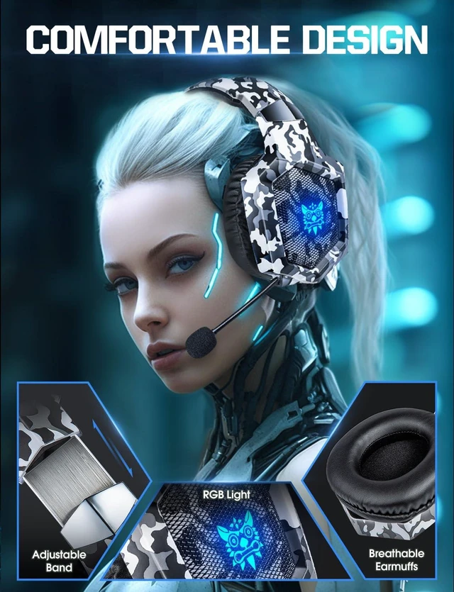 Alt view image 11 of 14 - Gaming Headset with Microphone, Gaming Headphones for PS4 PS5 Xbox One PC with LED Lights, PlayStation Headset with Noise Reduction 7.1 Surround Sound Over-Ear and Wired 3.5mm Jack (White)