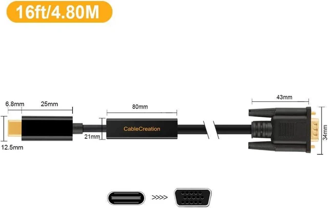 Alt view image 14 of 14 - USB C to VGA Cable 16FT, CableCreation USB Type C to VGA Cord 1080P@60Hz, Compatible with MacBook Pro 2020 2019, iPad Pro 2020 2018, Surface Book 2, XPS 15 13, Yoga 920 910, Galaxy S20 S10, Black