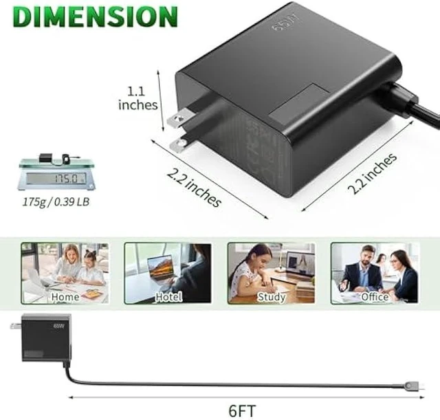 Alt view image 10 of 14 - 65W USB-C AC Laptop Charger Compatible with Lenovo ThinkPad T14 T15 E14 E15 X1 Carbon X13 Yoga Chromebook IdeaPad Power Supply Adapter