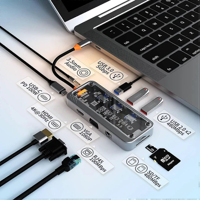 Alt view image 7 of 10 - Ecocleanpath 10-in-1 USB C Hub with 4K HDMI, VGA, PD Charging, Ethernet, SD/TF Reader for MacBook Pro/Air