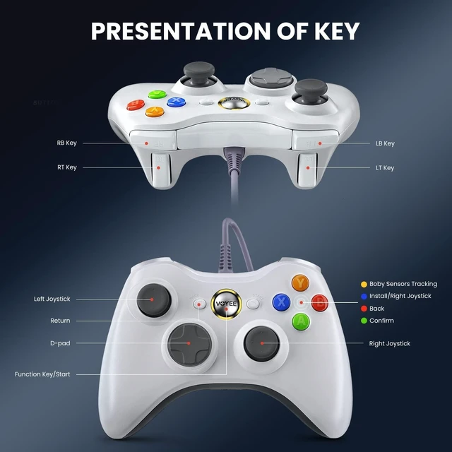 Alt view image 12 of 14 - VOYEE PC Controller, Wired Controller Compatible with Microsoft Xbox 360 & Slim/PC Windows 10/8/7, with Upgraded Joystick, Double Shock | Enhanced (White)