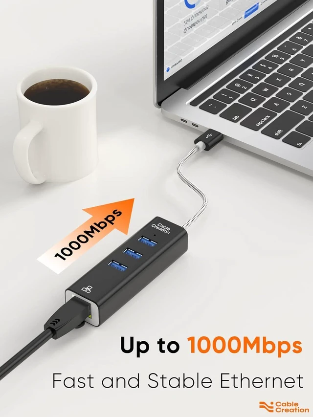 Alt view image 12 of 14 - USB to Ethernet Adapter, CableCreation 3-Port USB 3.0 Hub, USB 3.0 Ethernet Adapter RJ45 10/100/1000 Mbps Gigabit Compatible with Windows PC, Laptop, MacBook Pro, USB Flash Drives etc, Aluminum Black