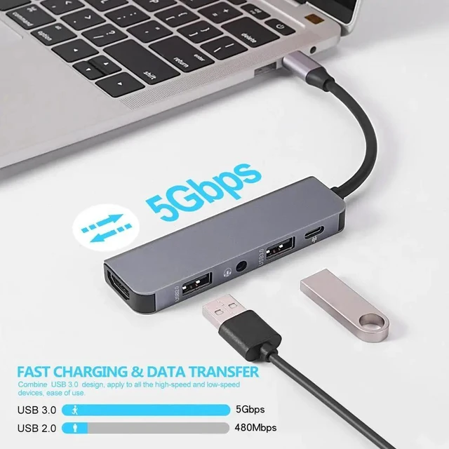 Alt view image 8 of 10 - C HUB, 5-in-1 Type C HUB with 2 3.0 Port,4K ,Audio/Mic Port, C 100W PD Charging Compatible for MacBook/Pro/Air