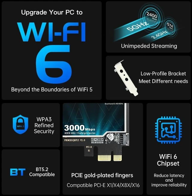 Alt view image 13 of 14 - AX3000 WiFi 6 PCIe Card WiFi6 AX200 Desktop PCI-E Wireless Adapter WPA3, Bluetooth 5.2,Dual Band 3000Mbps WiFi 802.11ax PCIE-AX3000 Network Card MU-MIMO Gigabit WLAN for PC Windows 10,11 64 bit