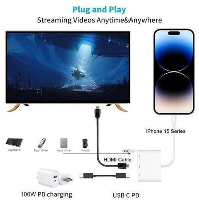 Alt view image 8 of 12 - USB-C Digital Av Multiport Adapter USB C to HDMI Adapter for iPhone 15/16 to TV Compatible with iPhone 16/15 Ipad pro Mackbook Pro