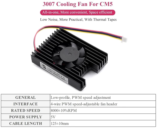 Alt view image 10 of 14 - Pi CM5 Cooler Cooling Fan, Dedicated All-in-One 3007 Cooling Fan Compatible with Raspberry Pi Compute Module 5, PWM Speed Adjustable, 5V Power Supply, with Thermal Tapes