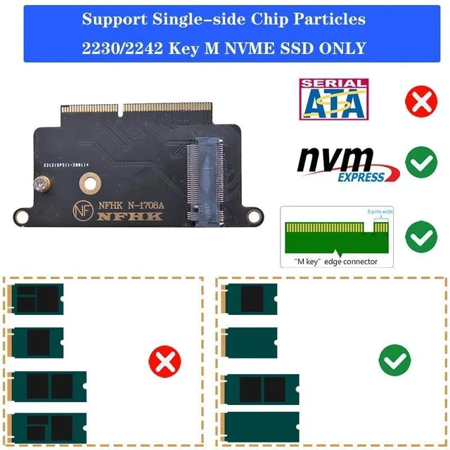 Alt view image 8 of 10 - NVME SSD Adapter for Apple Macbook A1708 Laptop NVMe PCIe M2 NGFF SSD to 2016 2017 Macbook Pro A1708 SSD Adapter Riser Card