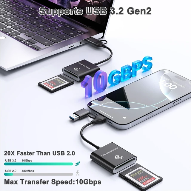Alt view image 8 of 10 - CF Express Type B Card Reader with USB 3.2 (Gen 2) 10Gbps, USB-C & USB-A 2-in-1 Type-B CFexpress Adapter, Compatible with Windows/Mac/Linux/Android, for PC, iPhone 16/15, Laptops, Tablets, Smartphones