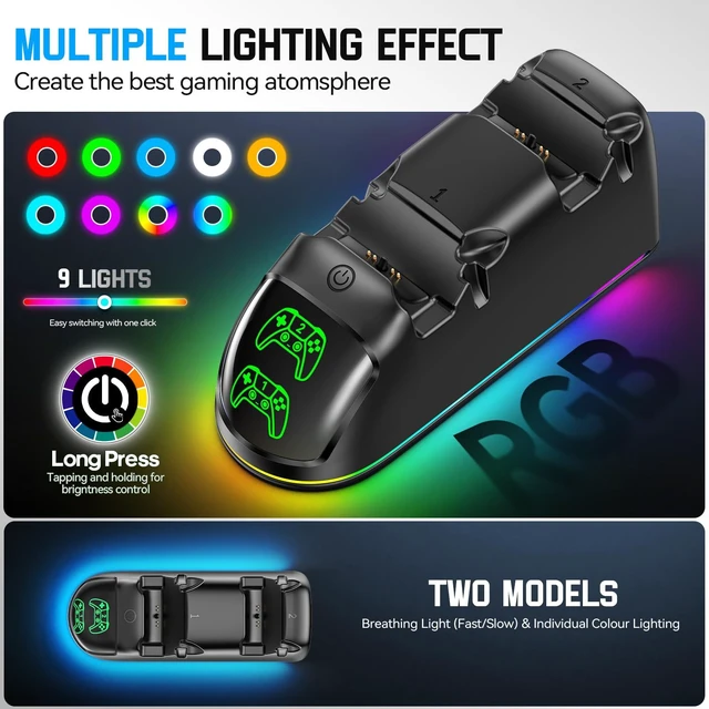 Alt view image 9 of 14 - Controller Charger for PS5, Dual Charging Dock Station for PlayStation 5 Dualsense & Edge with RGB Light, Fast PS5 Dual Controller Charging Station with Cable Black for PlayStation 4 Chargers
