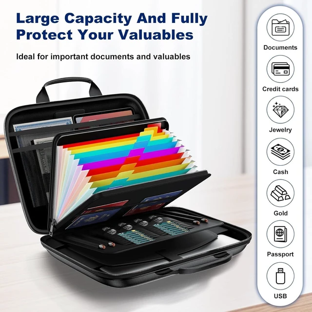 Alt view image 10 of 14 - Fireproof Document Box, Hard Case Fireproof File Organizer with Lock and 13 Pocket Accordion File Folder, Portable Safe Box for Home Office Travel to Storage Important Documents Laptop Black