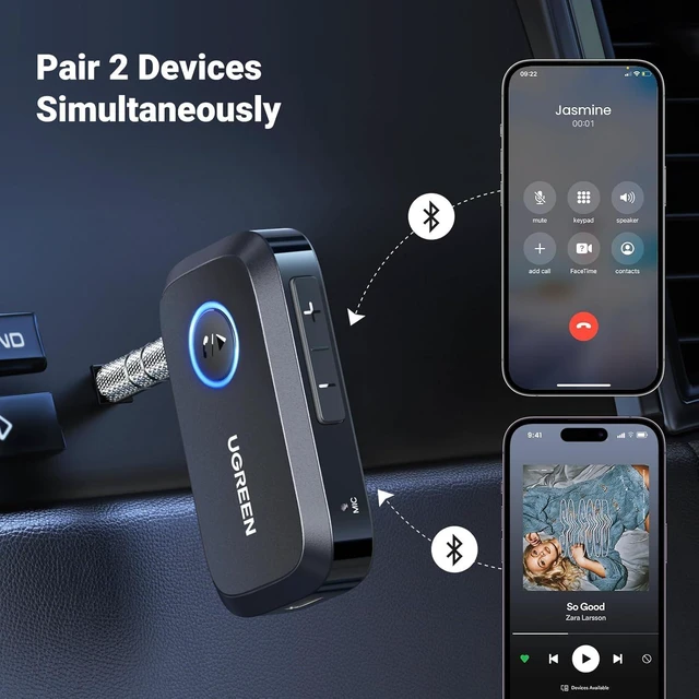 Alt view image 14 of 14 - UGREEN 5.4 Aux Bluetooth Adapter, Noise Cancelling 3.5mm AUX Bluetooth Car Adapter, Wireless Audio Receiver for Home Stereo/Wired Speaker, 15H Battery Life
