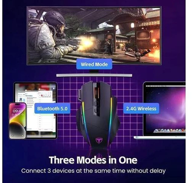 Alt view image 10 of 14 - RisoPhy Wireless Gaming Mouse,Tri-Mode 2.4G/USB-C/Bluetooth Mouse Up to 10000DPI,Chroma RGB Backlit,Ergonomic Mouse with 8 Programmable Buttons,Rechargeable Computer Mouse for Laptop,PC,Mac