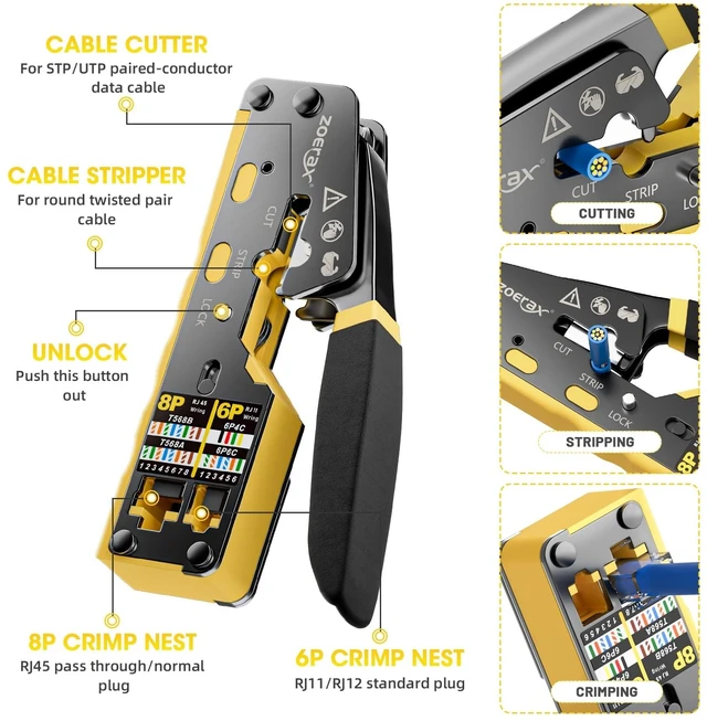 Alt view image 9 of 14 - RJ45 Crimping Tool Ethernet Crimp Tool Crimper for RJ11/RJ12 Standard, RJ45 Pass Through Connectors, Yellow