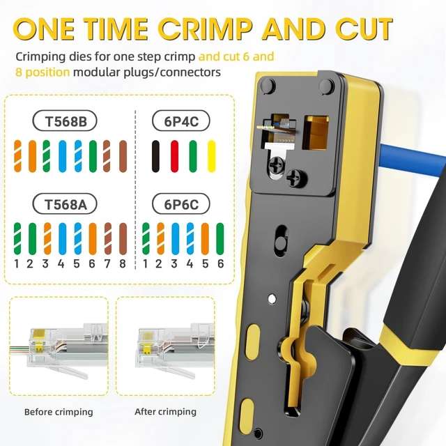 Alt view image 12 of 14 - RJ45 Crimping Tool Ethernet Crimp Tool Crimper for RJ11/RJ12 Standard, RJ45 Pass Through Connectors, Yellow