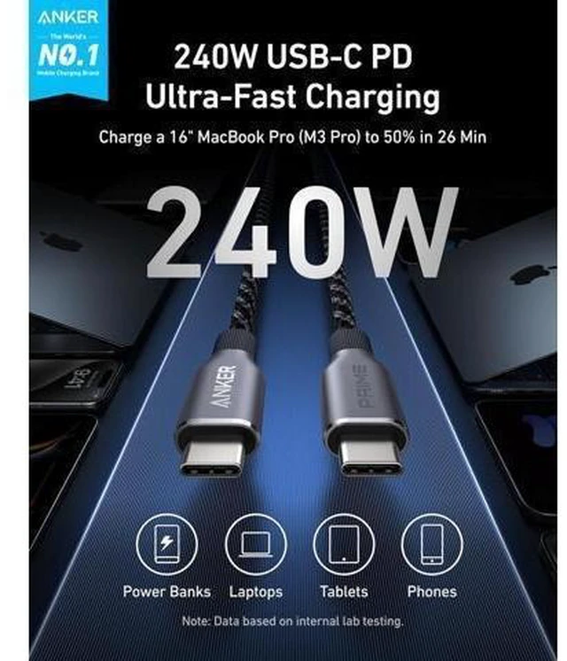 Alt view image 8 of 12 - Prime USB C to USB C Cable 240W Fast Charging Cord Upcycled-Braided Nylon with 100-Year Bend Durability for iPhone 17 Series MacBook Galaxy S24(3 FT)