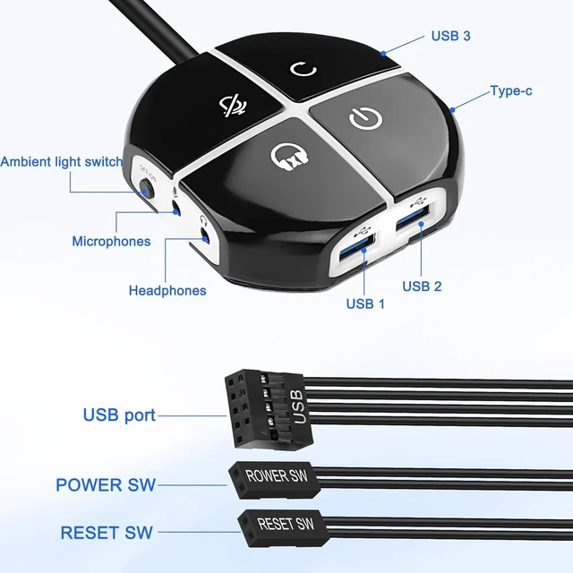 Alt view image 10 of 14 - Desktop Computer Power Switch Button, External PC Computer Case Switch with 3 USB Ports, Power On/Reset, Audio Microphone Port, Type C Power Supply Port for Home, Office Internet - 110CM