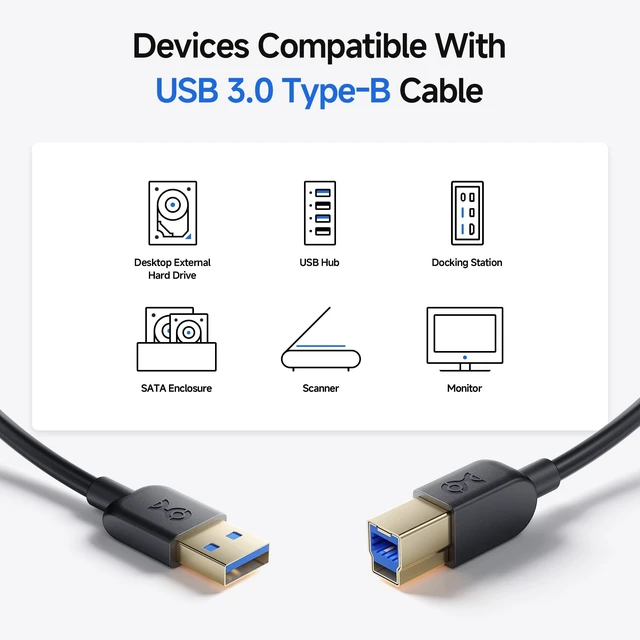 Alt view image 11 of 14 - 5Gbps Long USB 3.0 Cable, USB A to B Cable, 10ft, Black