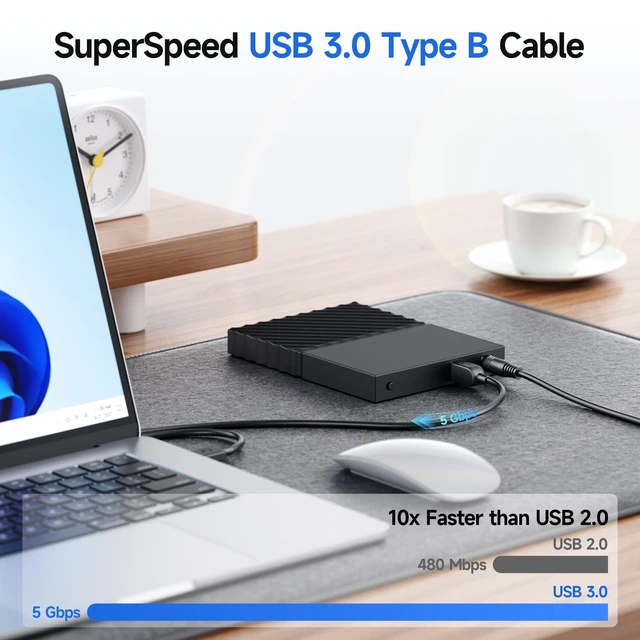 Alt view image 12 of 14 - 5Gbps Long USB 3.0 Cable, USB A to B Cable, 10ft, Black