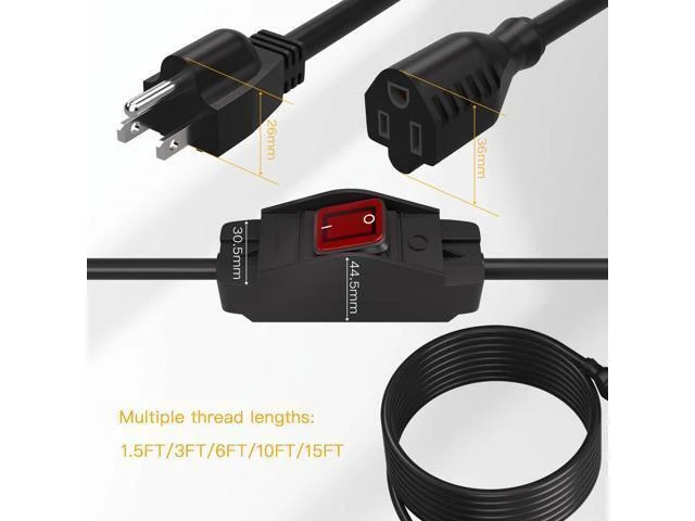 Alt view image 9 of 14 - Extension Cord with Switch 3-Prong Waterproof Outdoor,14/3 SJT Extension Cord 1875W,Control Switch ON/Off Grounded Plug Receptacle 15A 125V.(3FT)