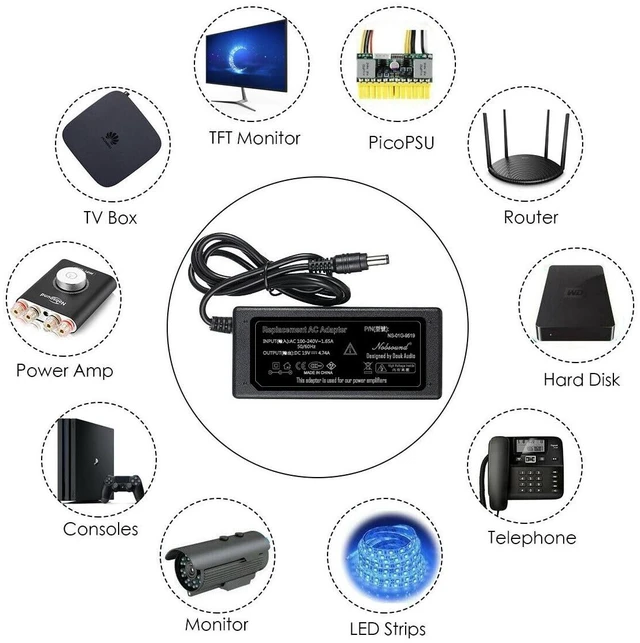 Alt view image 9 of 14 - DC 19V 4.74A 90W Power Supply Power Adapter Charger Universal 100-240V 50/60Hz AC Input for Amplifier Laptop DAC