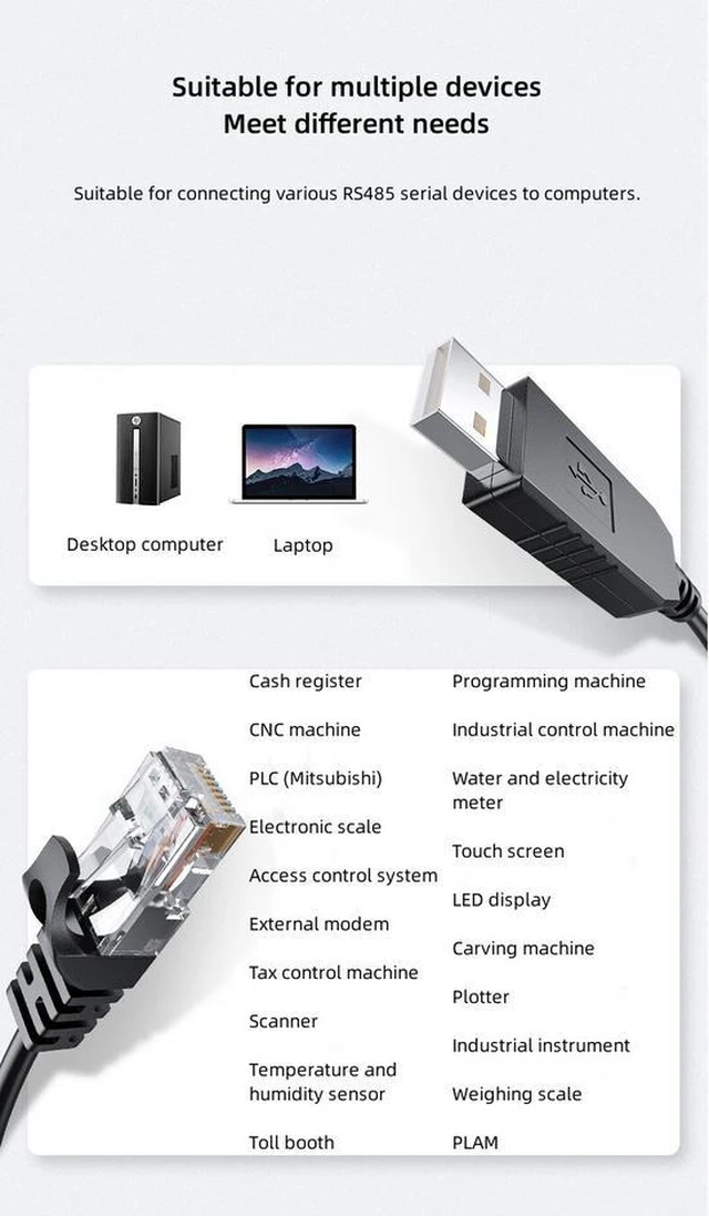 Alt view image 9 of 14 - DTECH IOT5077(GR) USB to RJ45 RS485 Serial Cable - 1M PLC Programming Cable with 3Mbps Speed & 10KV ESD Protection