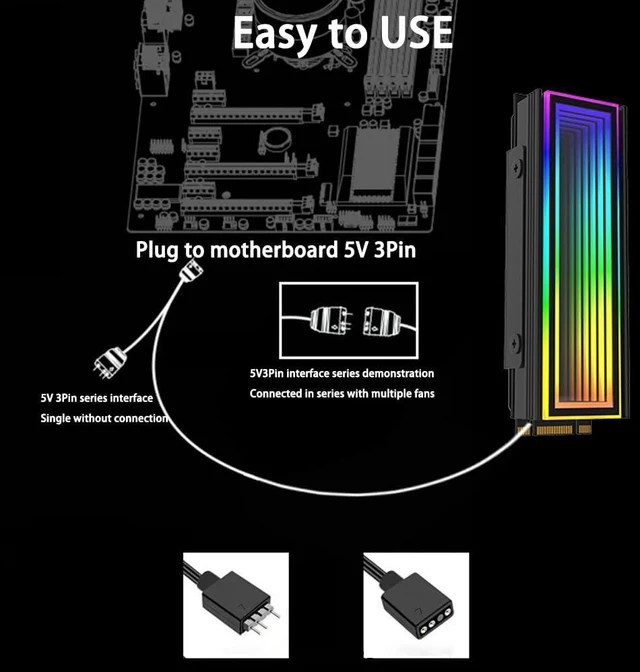 Alt view image 9 of 12 - ARGB M.2 Heatsink SSD Heat Sink with Thermal Pads, Aluminum 2280 M2 5V 3Pin Addressable RGB Sync OPENRGB NVME Heatsink for M.2 2280 Nvme SSD