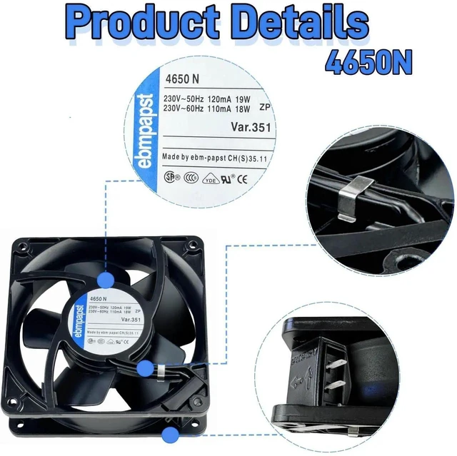Alt view image 10 of 14 - for ebmpapst Cooling Fan 4650N, All Metal High Temperature Resistant Axial Cooling Fan 2-Pin 120x120x38mm AC 230V 50/60Hz 0.12A