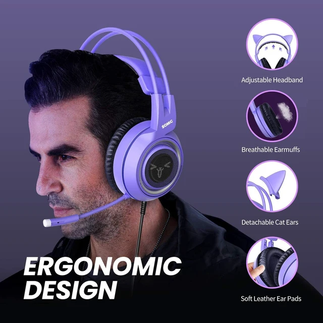 Alt view image 12 of 14 - SOMIC G951S Purple Stereo Gaming Headset with Mic for PS4 PS5 Xbox One PC Phone Detachable Cat Ear 3.5MM Noise Reduction Headphones Computer Gaming Headphone Self-Adjusting Gamer Headsets