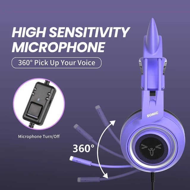 Alt view image 13 of 14 - SOMIC G951S Purple Stereo Gaming Headset with Mic for PS4 PS5 Xbox One PC Phone Detachable Cat Ear 3.5MM Noise Reduction Headphones Computer Gaming Headphone Self-Adjusting Gamer Headsets
